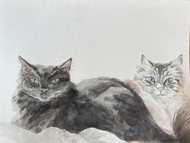 Watercolor painting of two cats, one black and one white with blue eyes.