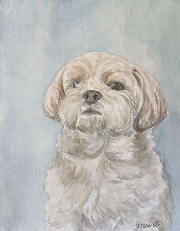A soft, light-colored painting of a small dog against a muted background.