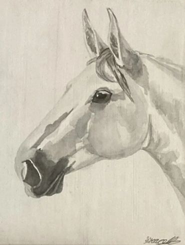 Monochrome painting of a horse's head in profile.
