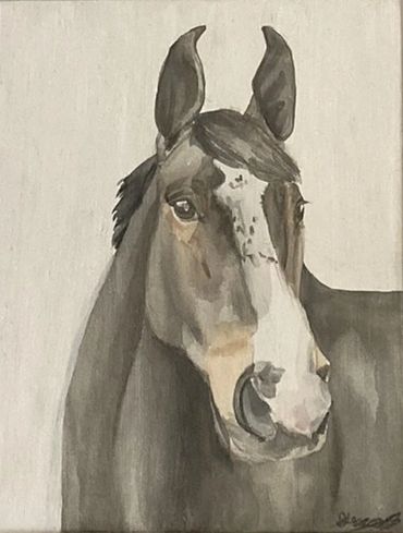 A detailed watercolor painting of a horse's head and neck.