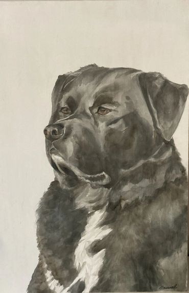 Monochrome painting of a dignified dog with expressive eyes.