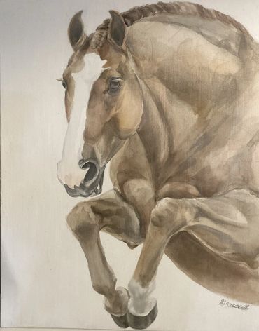 watercolor painting of a chestnut pony jumping