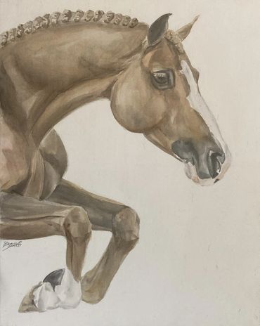 Watercolor painting of a chestnut pony jumping