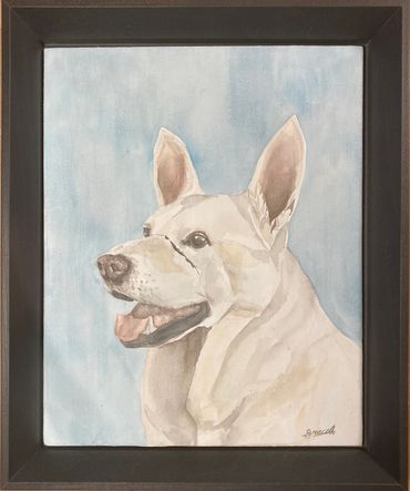 Watercolor painting of a white dog on a blue background