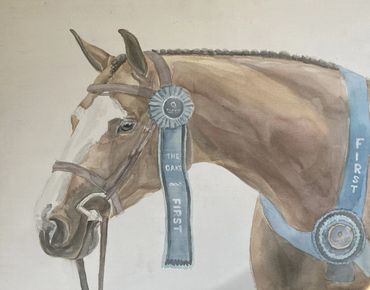 Watercolor painting of a bay horse with first place ribbons.