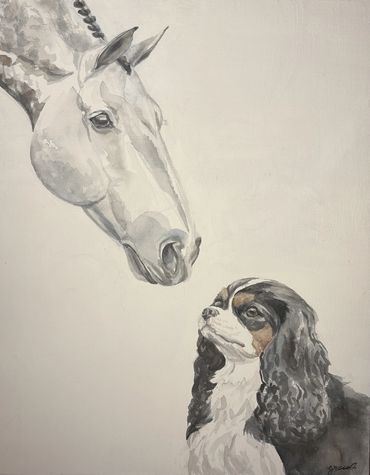 Watercolor painting of a dapple grey horse reaching down to sniff the nose of a Cavalier King Charle