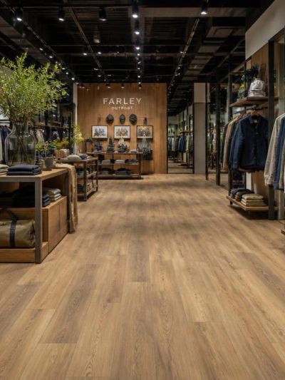 Fashion retail store with wooden flooring and clothing displays.