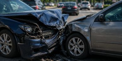 Una colisión frontal entre automóviles.