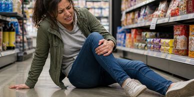 Una mujer sujetándose la rodilla tras caerse en una tienda.