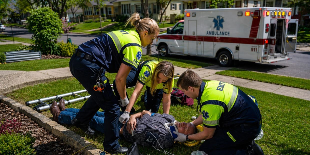 Photos of EMTs stabelizing the neck of a man who feel off his ladder.  