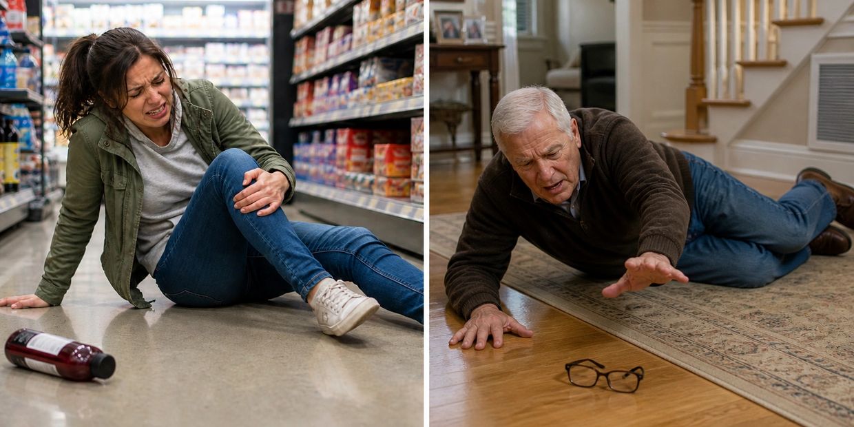 Woman in pain on grocery store floor with spilled bottle.