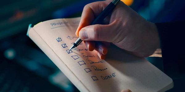 Hand ticking off items on a handwritten project checklist.