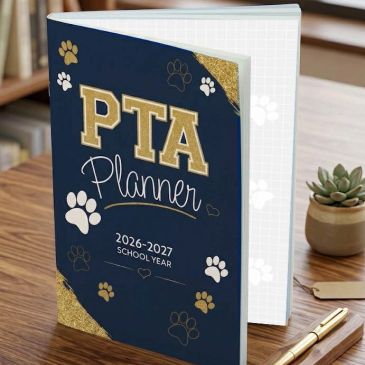 PTA Planner for 2026-2027 school year with paw prints on cover.