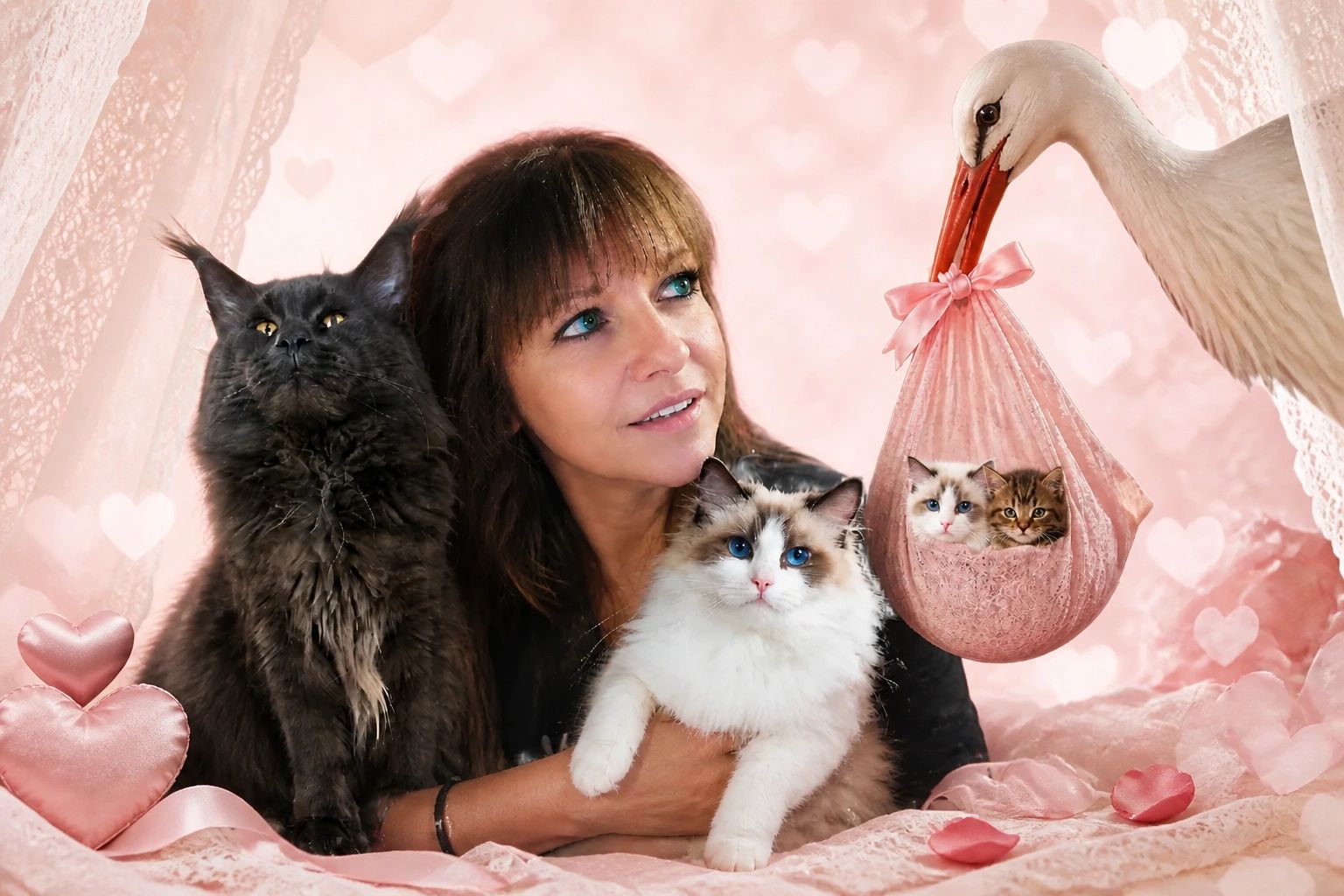 A woman with two cats and a stork carrying kittens in a pink setting.