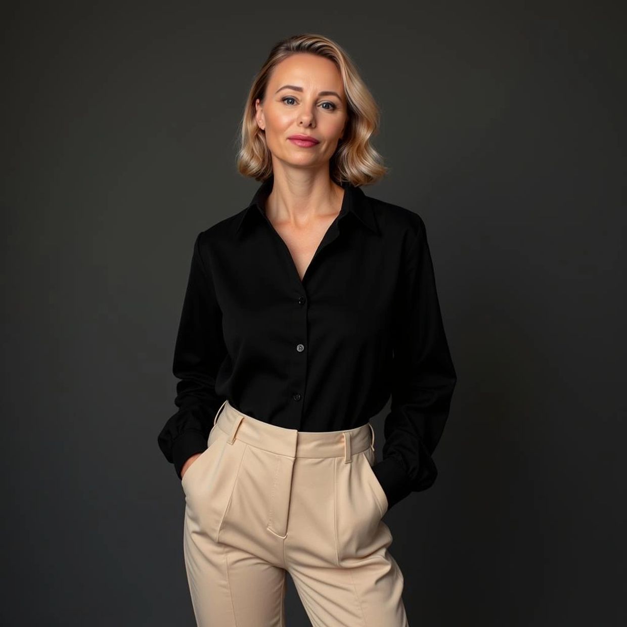 Confident woman in black shirt and beige pants against dark background.