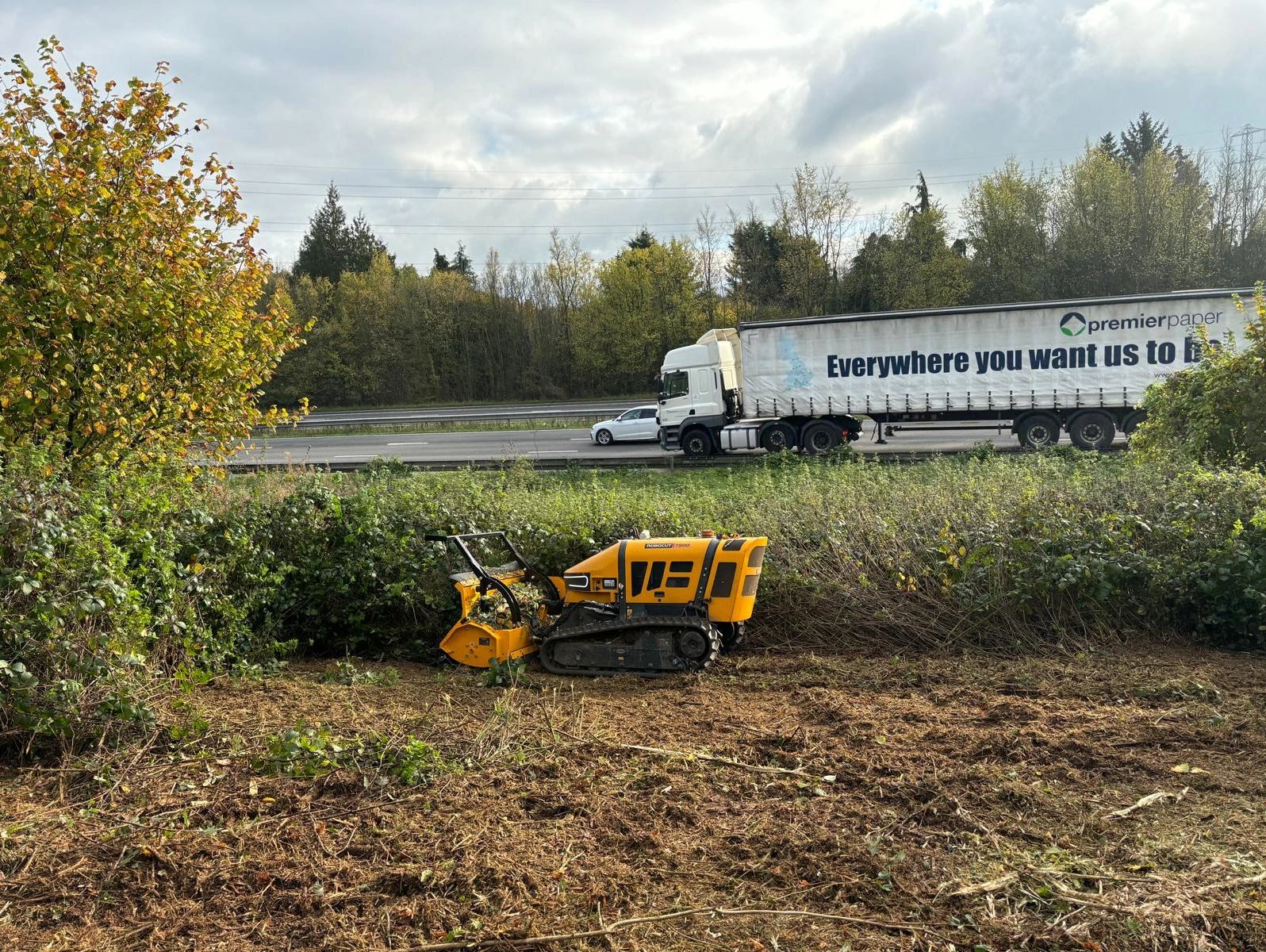 Yellow robotic mulcher cutting brambles by motorway