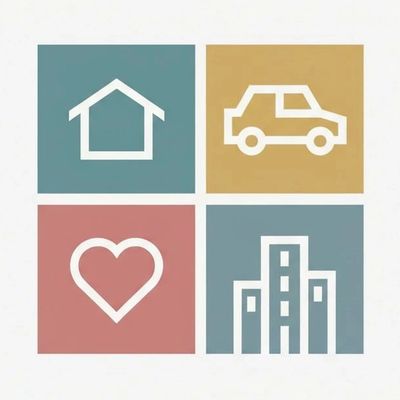 Four icons representing home, car, heart, and building in colored squares.