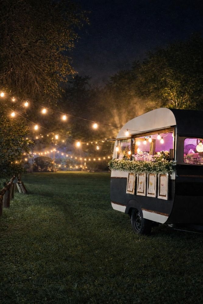 A cozy nighttime outdoor bar with string lights and decorated with flowers.