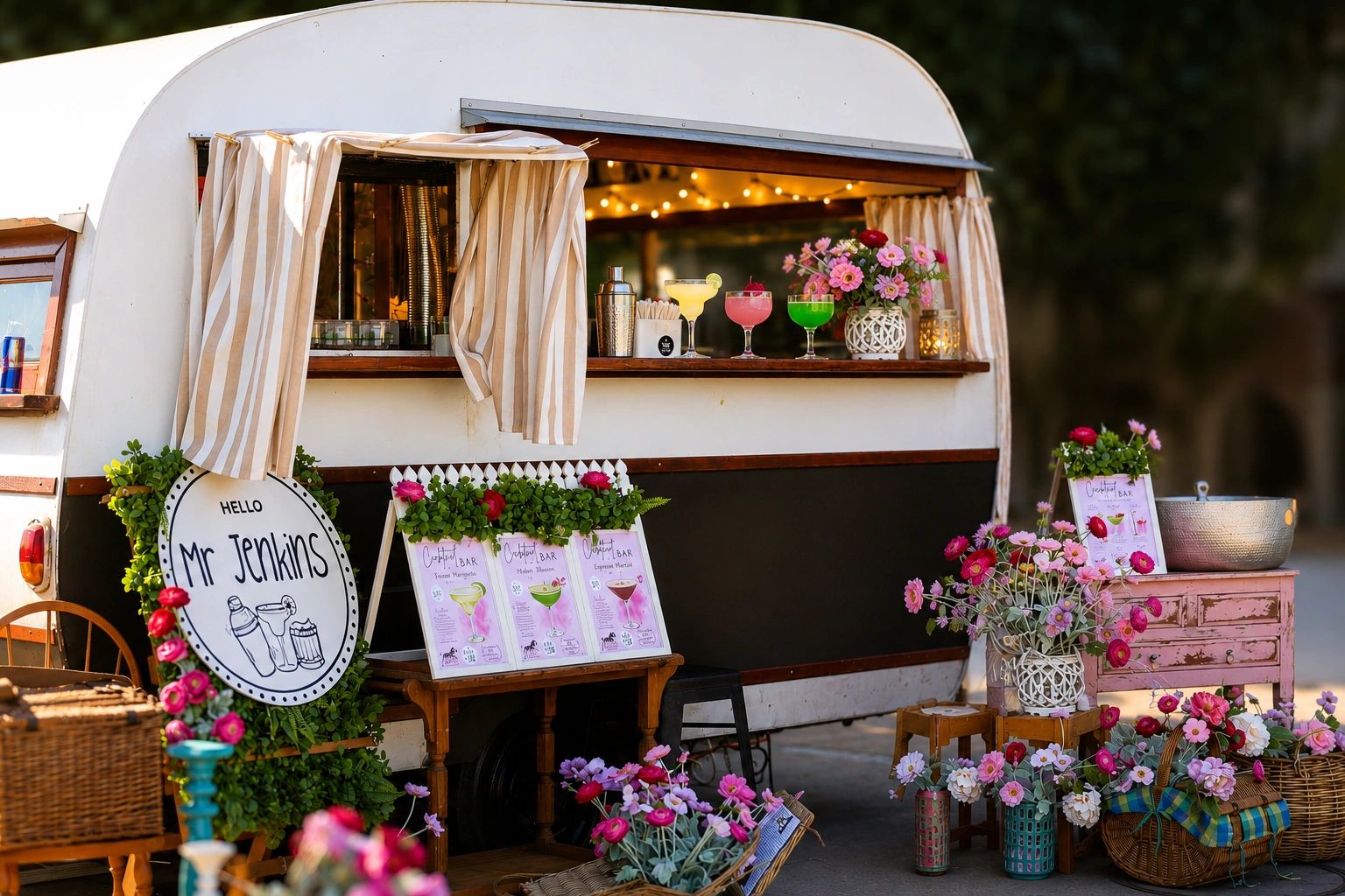 Vintage mobile bar caravan by Hello Mr Jenkins at an outdoor wedding in Queensland