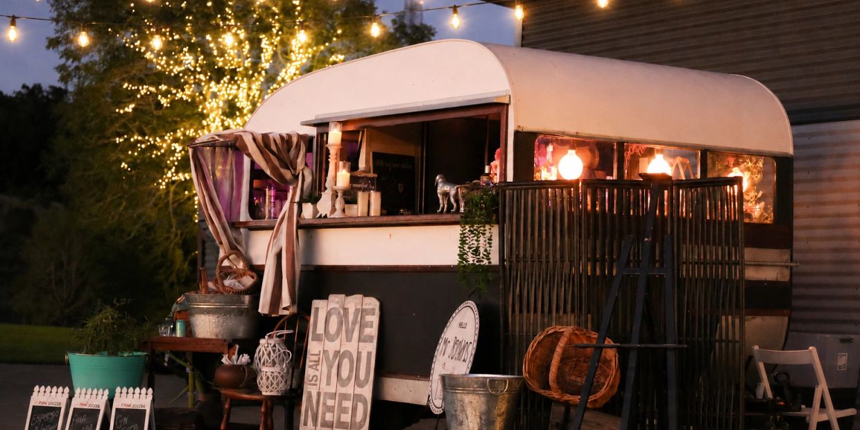 Restored 1952 Bondwood caravan serving cocktails at a wedding reception.