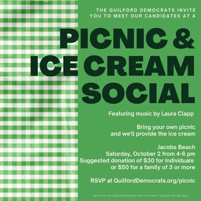 Invitation to Guilford Democrats' Picnic &amp; Ice Cream Social with music by Laura Clapp.