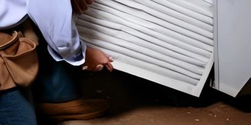 A technician replacing a white pleated air filter in a ceiling vent.