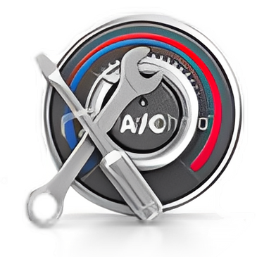 A circular graphic featuring a wrench, screwdriver, and a pressure gauge.