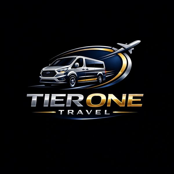 Logo for Tier One Travel featuring a van and an airplane in sleek gold and silver tones.
