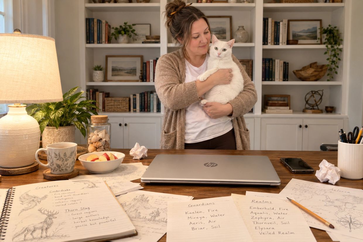 Fantasy author K. A. Gritz holding her cat beside her writing desk.