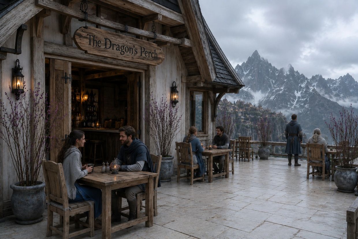 People sit and chat outside The Dragon's Perch with a mountainous backdrop.