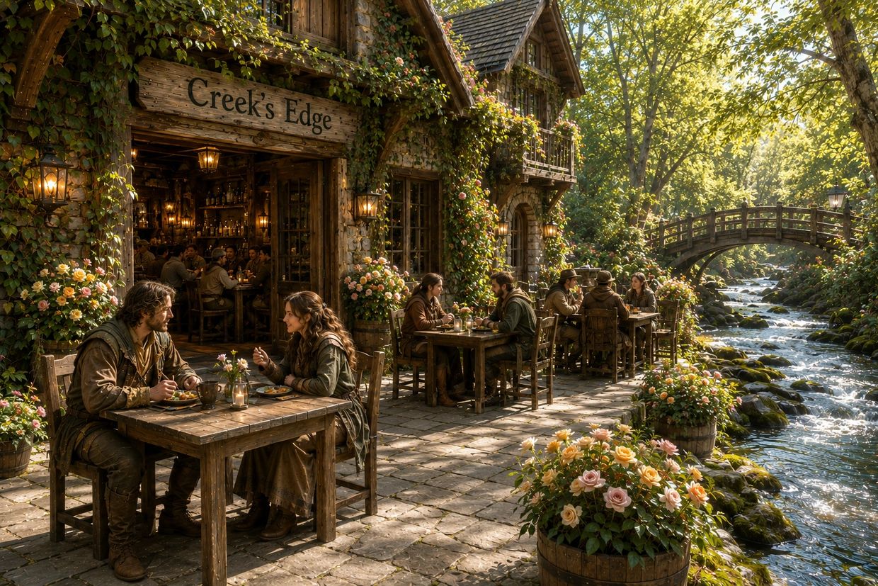 Couples dining at a rustic creekside restaurant surrounded by flowers and greenery.