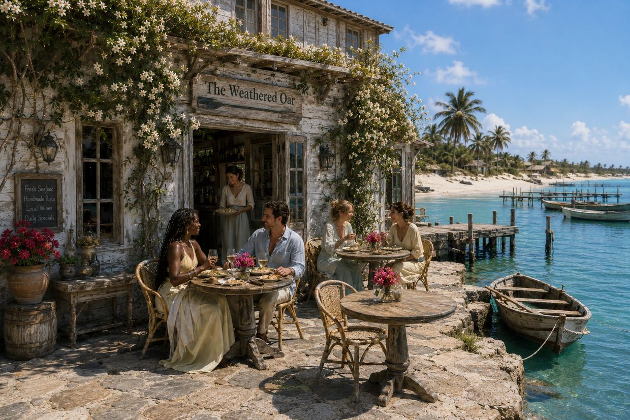 Couples dining by the sea at a rustic waterfront restaurant on a sunny day.