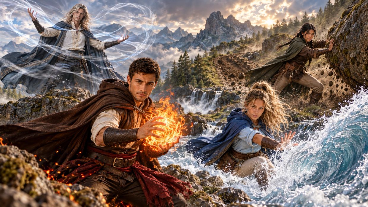 Four sorcerers wielding elemental magic in a mountainous landscape.