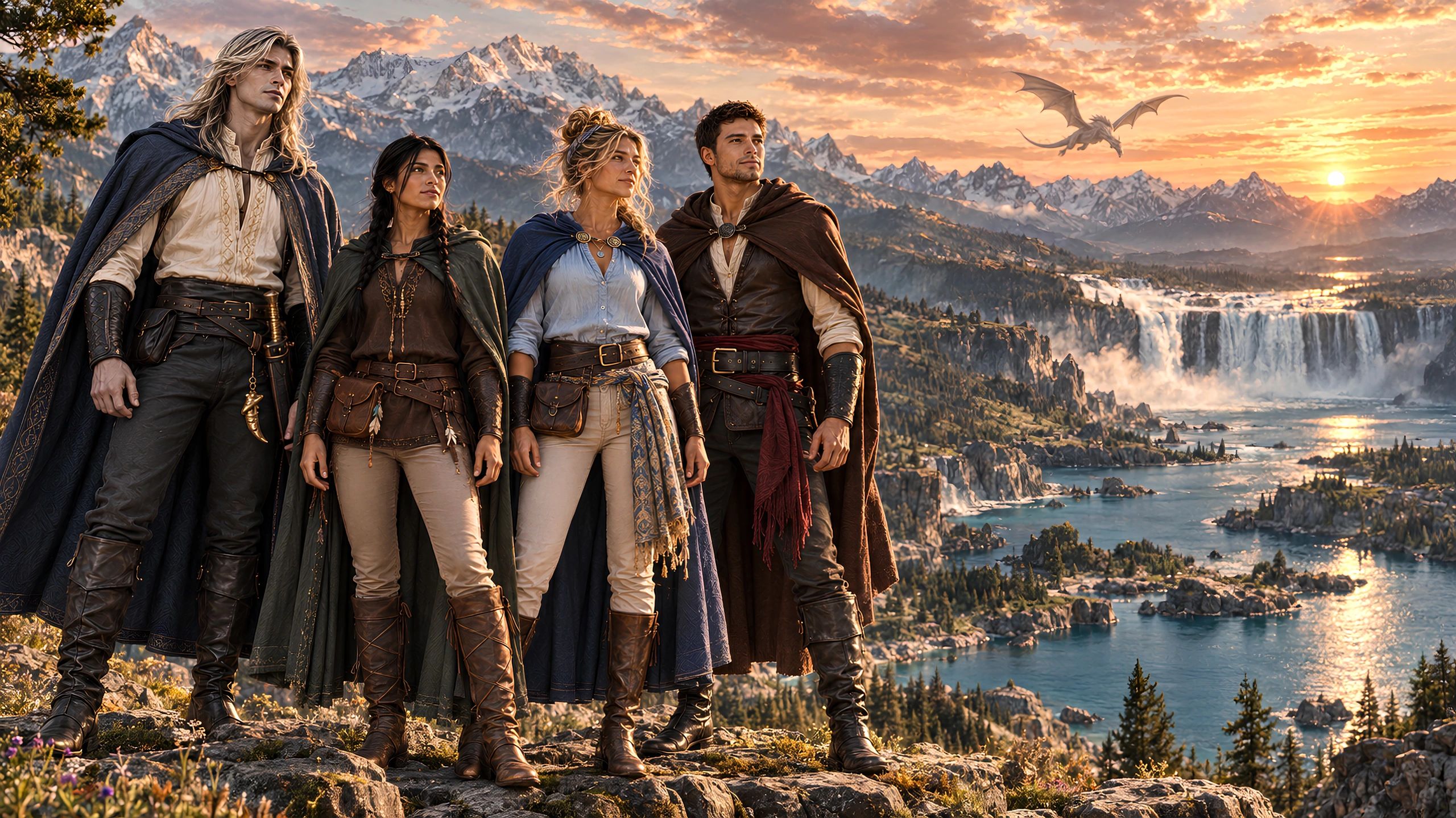 Four Guardians overlooking the mountain realms of Aeloria at sunset, a dragon flies above the valley