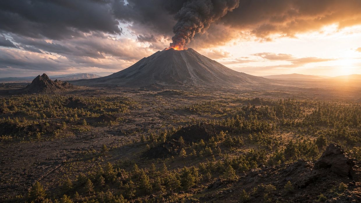A volcano erupting with smoke at sunset.