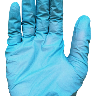 The palm of a persons hand wearing a blue nitrile glove