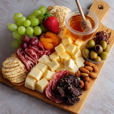 A vibrant charcuterie board with cheese, meats, fruits, nuts, olives, crackers, and honey.