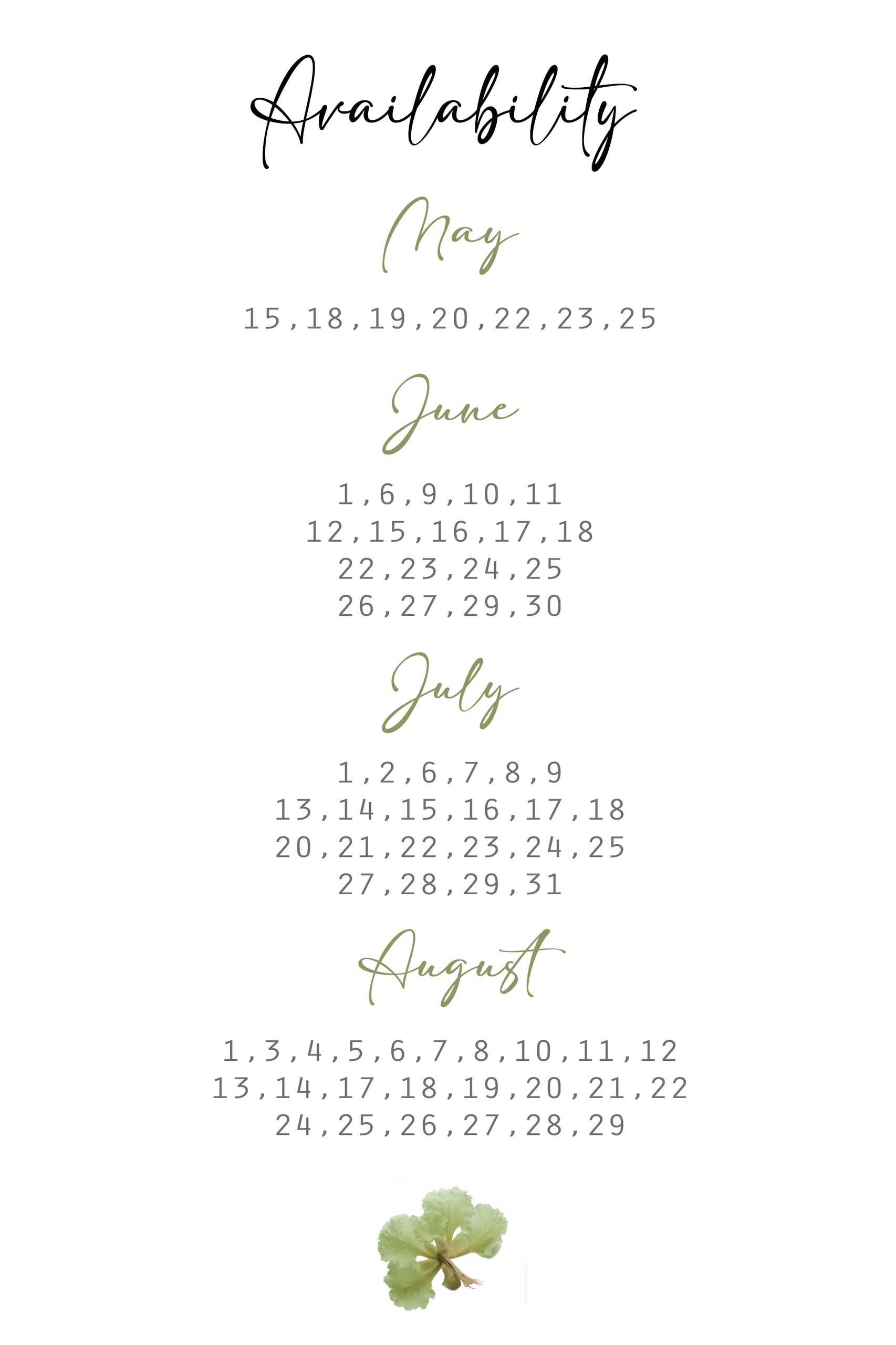Availability dates for May through August listed with a green leaf image.