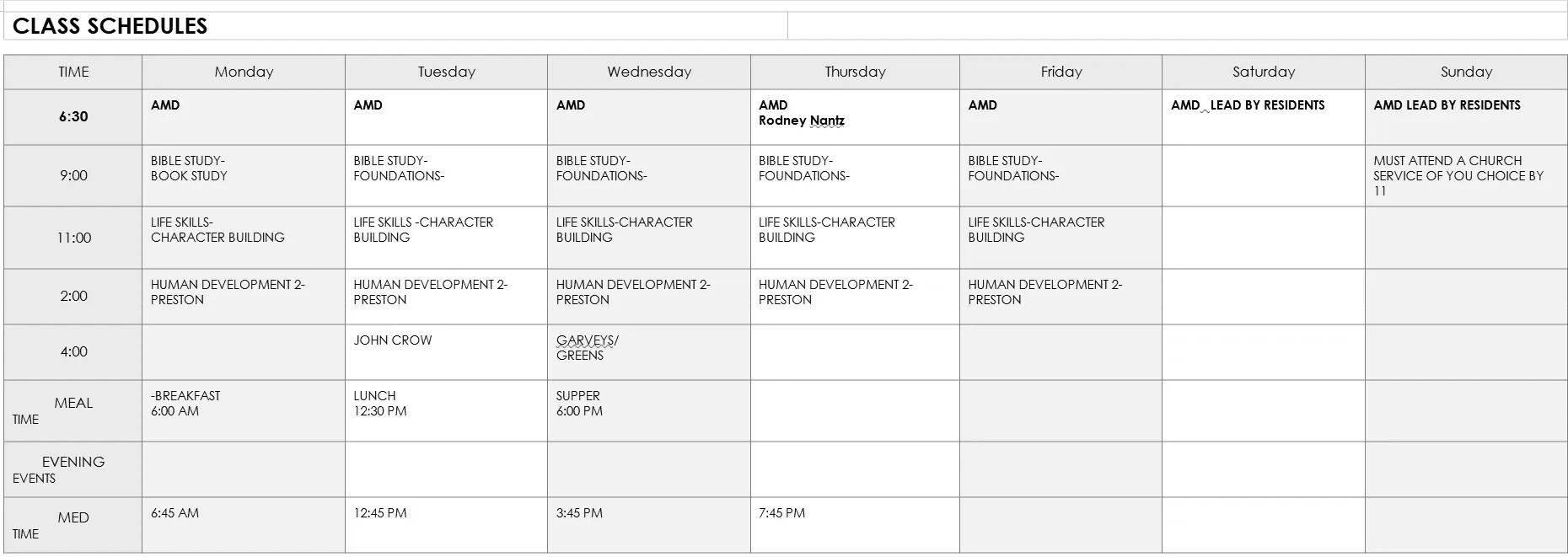 House of Mercy Class Schedule
