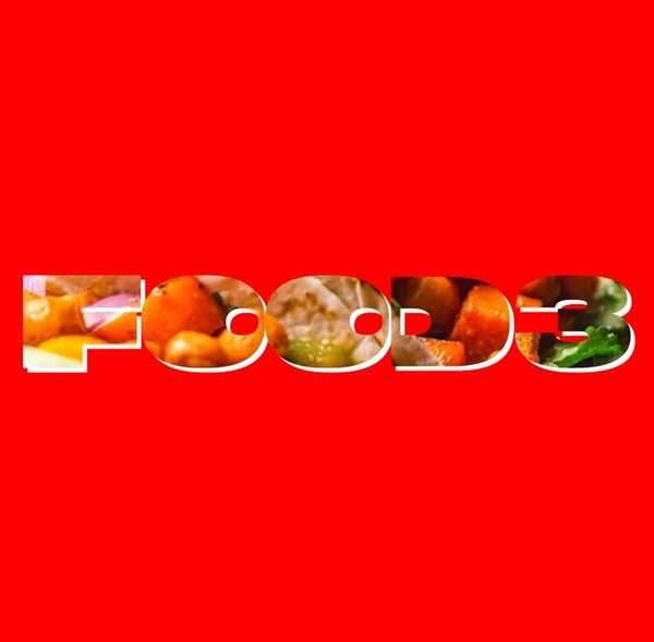 Word 'FOOD' filled with images of delicious dishes on a bright red background.
