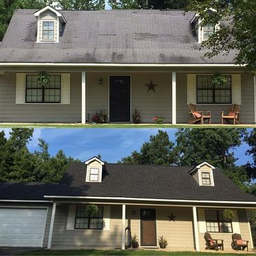 Two images of the same house's front before and after cleaning the roof.