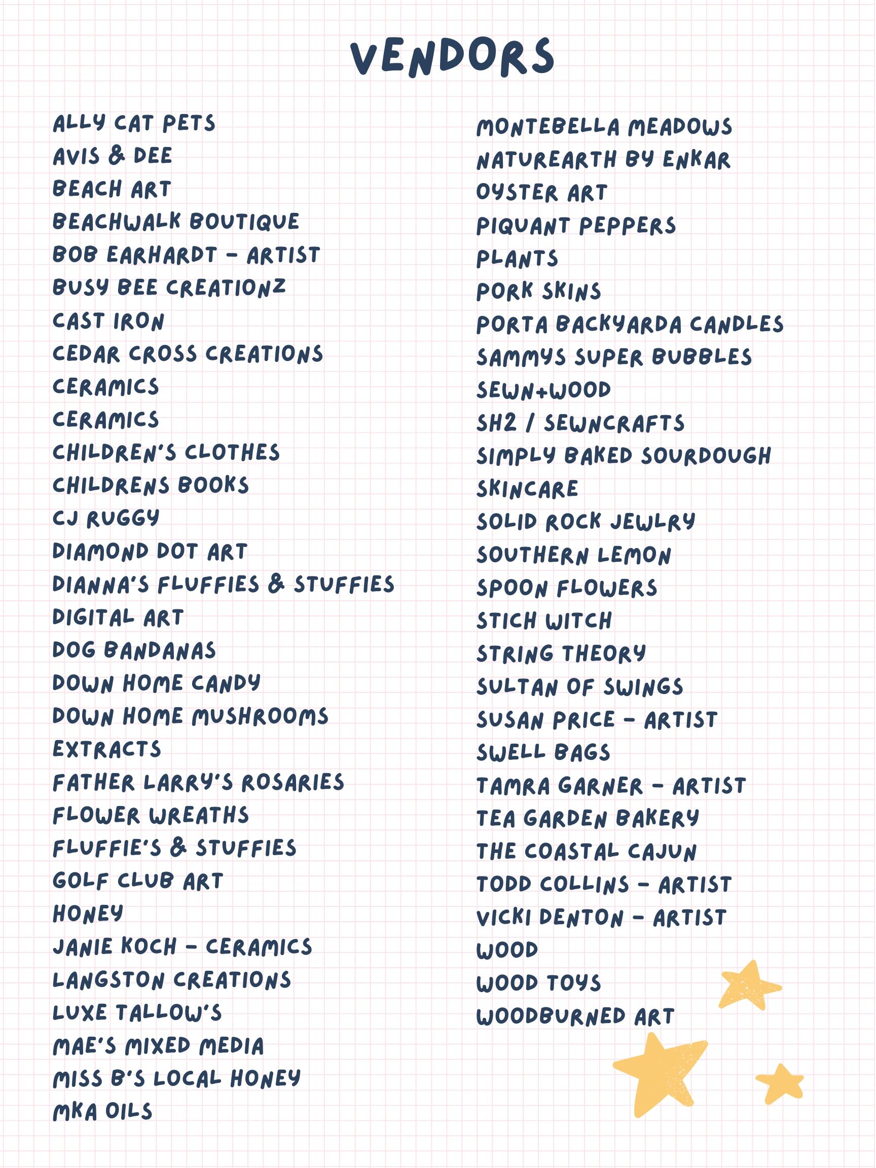 List of vendors for an event, featuring artists, crafts, food, and local products.