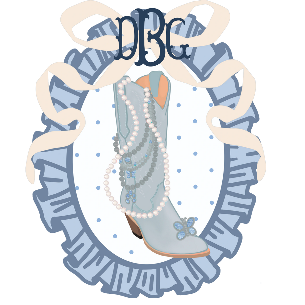 Elegant blue cowboy boot adorned with pearls and butterflies in a decorative frame.