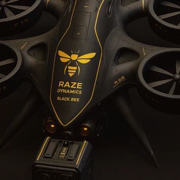 Futuristic black drone with yellow bee logo and modular payload.