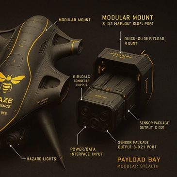 Futuristic black drone with yellow accents and modular payload bay.