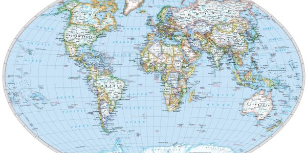 Political world map showing countries and boundaries.