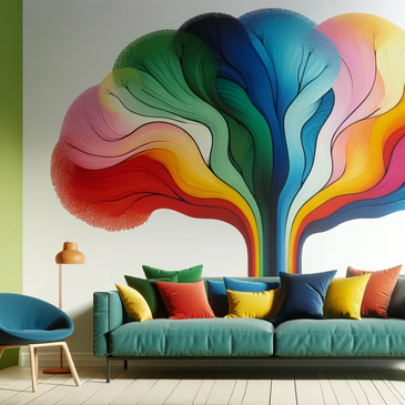 Vibrant living room with a colorful abstract wall mural and multicolored cushions.
