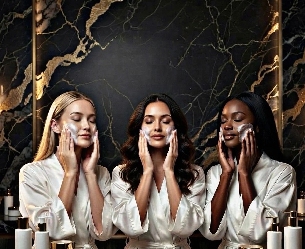 Three women applying foam cleanser on their faces in white robes.