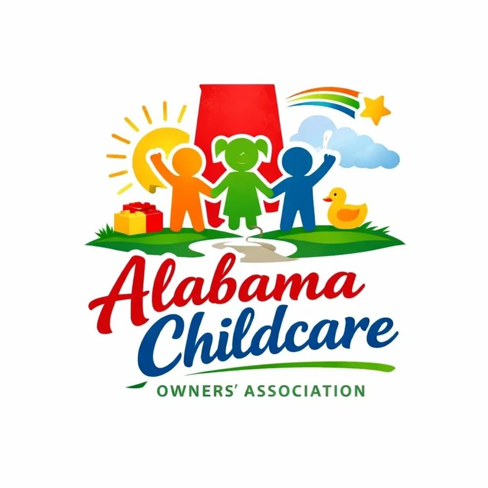 Colorful logo of Alabama Childcare Owners' Association with children and playful elements.