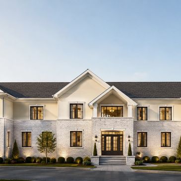 Elegant two-story white brick house with symmetrical windows and a central entrance.